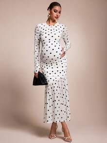 MaterniChic Vestido de maternidad elegante ajustado con estampado de lunares, manga larga y fruncido - Blanco y Negro - Ver 7