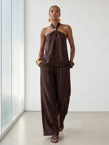 Zivah Spring/Summer Music Festival Easter St. Patrick's Day Valentine's Day Beach Vacation Sexy Jamaican Sleeveless Halter Neck Linen Shades Of Brown Pants - Brown - View 11