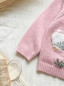 SHEIN 女嬰幼兒休閒粉色針織連帽毛衣 1件，鴨子刺繡長袖套頭衫，柔軟舒適面料，適合日常穿著 - 粉色 - 查看 5