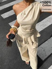 Siren Gaze Women's 100 Cotton Asymmetrical Sleeveless Ruffled Top + Casual Elegant Wide-Leg Trousers Set, Summer Two Pieces Vacation Beige Brunch - Apricot - View 2