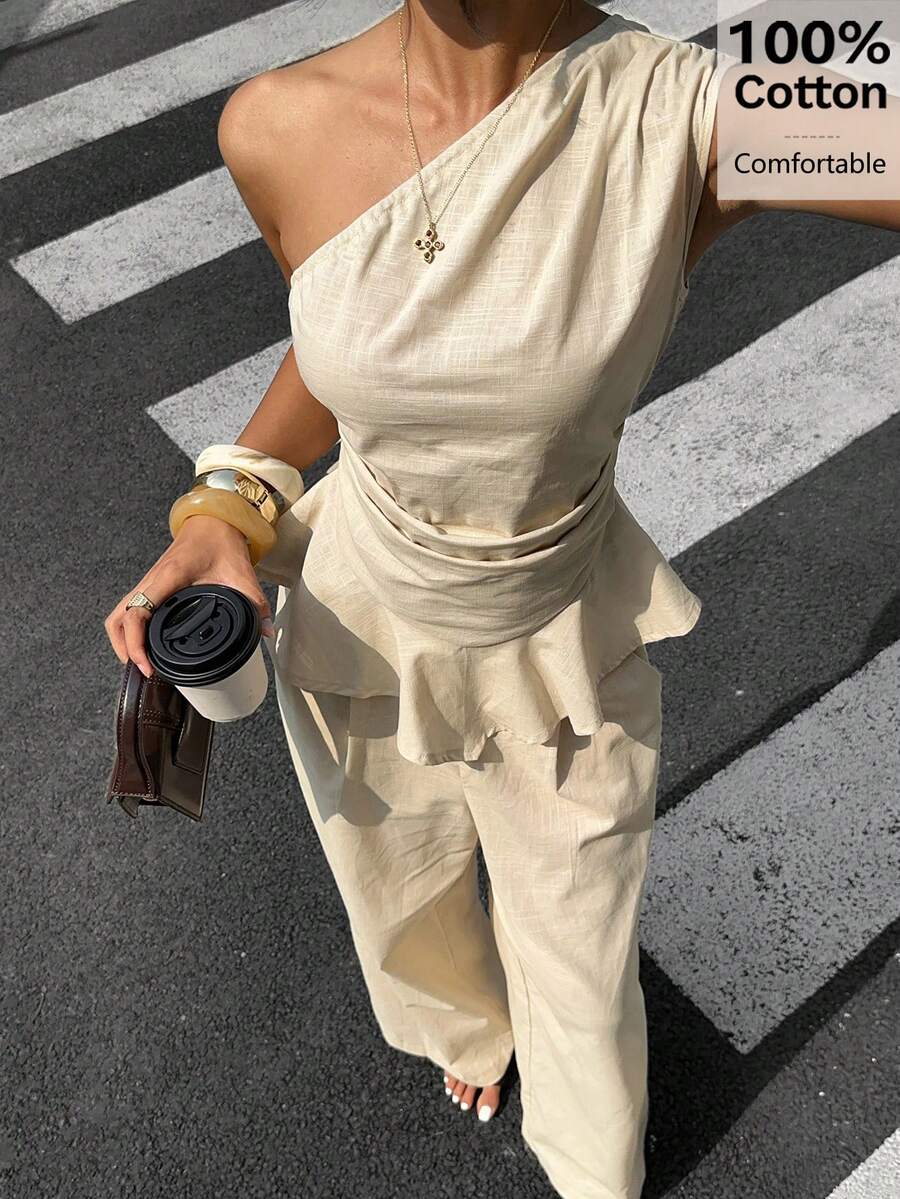 Siren Gaze Women's 100 Cotton Asymmetrical Sleeveless Ruffled Top + Casual Elegant Wide-Leg Trousers Set, Summer Two Pieces Vacation Beige Brunch