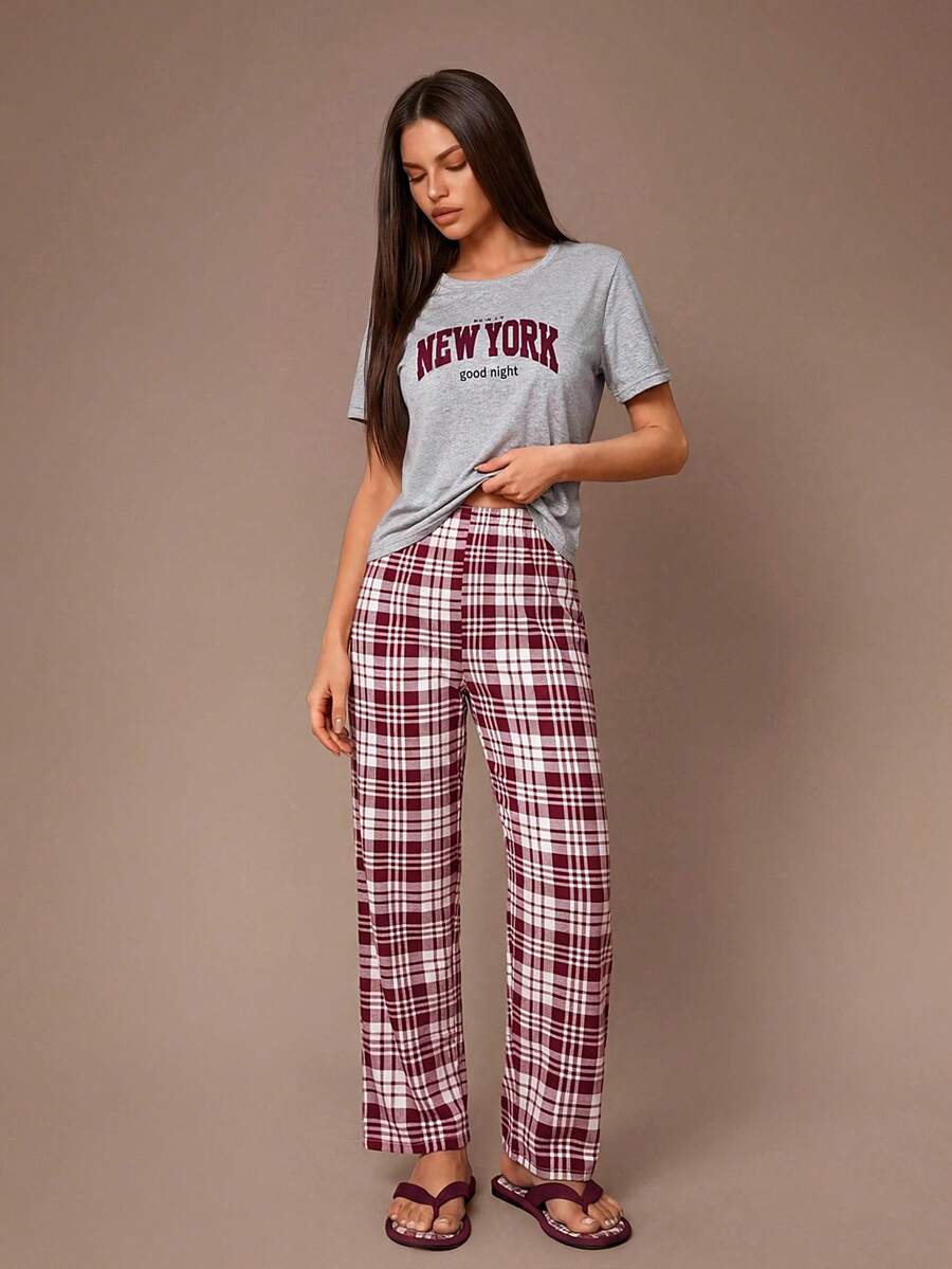 SHEIN Letter Graphic Tee & Plaid Print Pants PJ Set / Pajama Set - Multicolor - View 1
