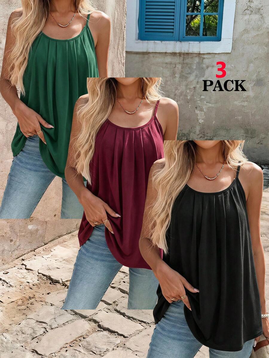 SHEIN Clasi 女款素色簡約百搭百褶細肩帶背心上衣 3件組 - 彩色 - 查看 1