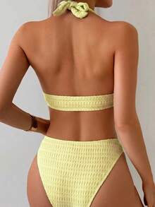 Swim Basics Women's Vacation Textured Metal Ring Halter Tie Sexy Bikini Two-Piece Swimsuit Set - Yellow - View 2