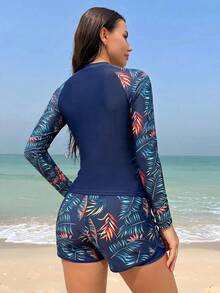 Swim SPRTY Women's Summer Beach Tropical Plant Print Raglan Long Sleeve Shorts Casual Surfing Outfit Set - Navy Blue - View 2