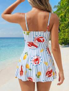 Vaclyn Women's Summer Beach Striped Crab Print Tankini Set - Multicolor - View 2