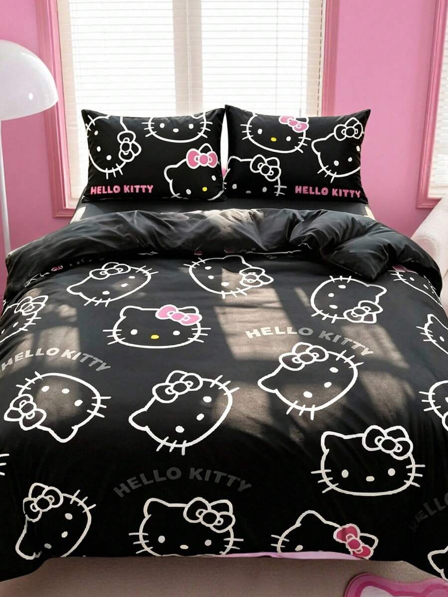 HELLO KITTY AND FRIENDS | SHEIN 3件組可愛卡通印花被套組，磨砂材質，柔軟保暖，多尺寸可選，適用單人床/雙人床/加大雙人床/特大雙人床 - 黑粉色 - 查看 1