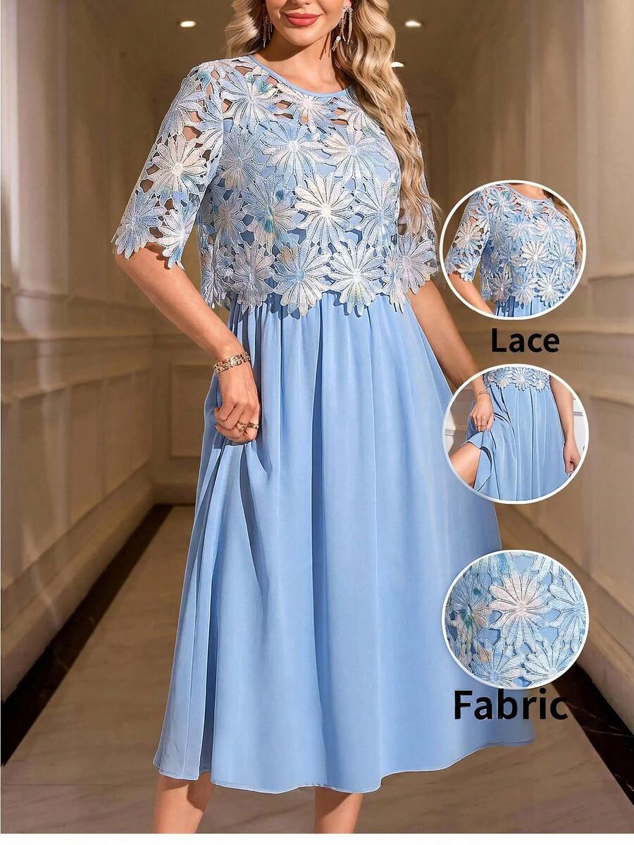SHEIN Clasi 優雅鏤空花卉蕾絲拼接洋裝 - 藍色 - 查看 1