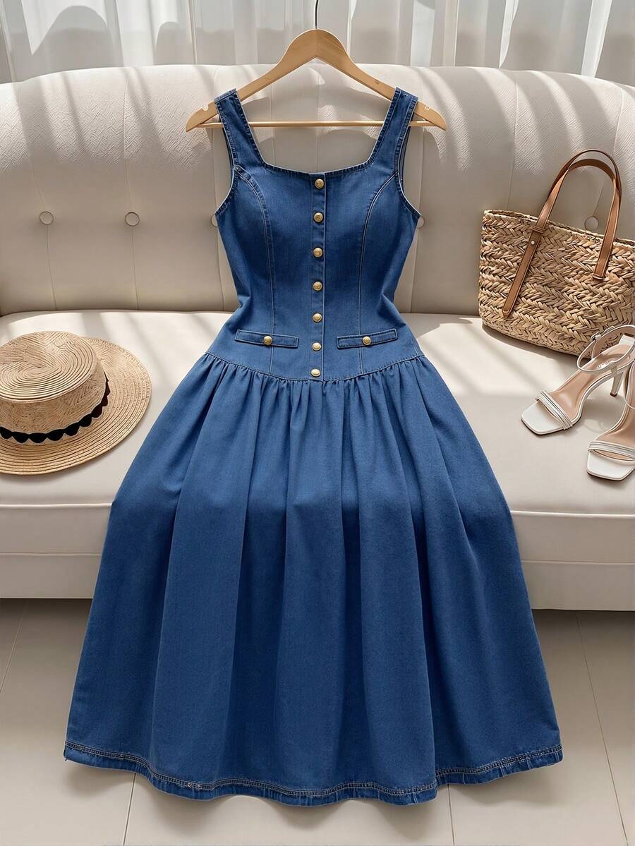 GlowEve Women's Button Ruched Casual Daily Denim Dress - Medium Wash - View 1