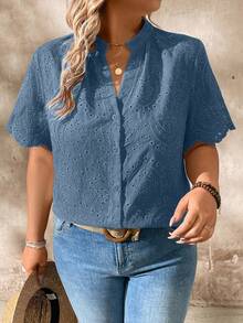 SHEIN LUNE CURVE 大尺碼短袖刺繡鏤空布料襯衫 - 藍色 - 查看 8