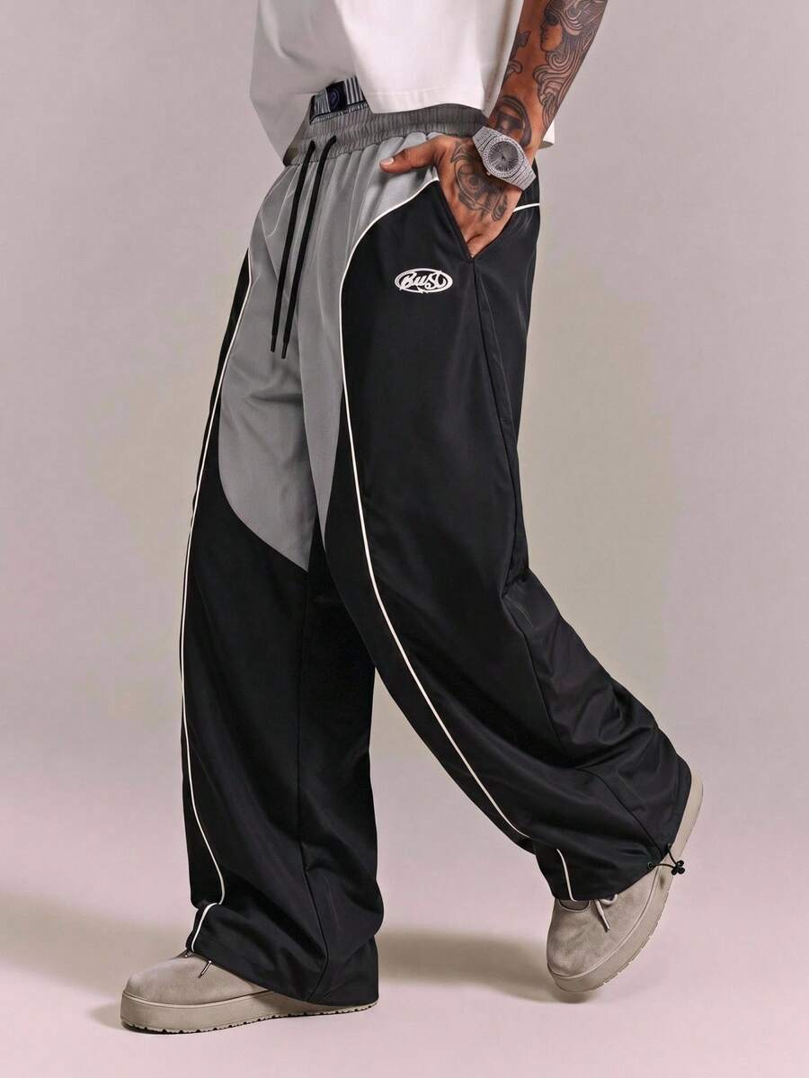 CRAVYNX Men's Letter Print Colorblock Casual Versatile Daily Travel Long Pants - Dark Grey - View 1