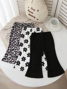 SHEIN Vintaside Kids 法式風格新款極簡 3件組女嬰褲，純色與精緻花卉印花針織打底褲，鬆緊腰頭，休閒日常百搭可愛甜美 - 彩色 - 查看 2