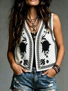 Modelyn Women's Autumn Beach Music Vacation Floral Polka Dot Print Lightweight Vest Jacket White Boho Vintage - White - View 1