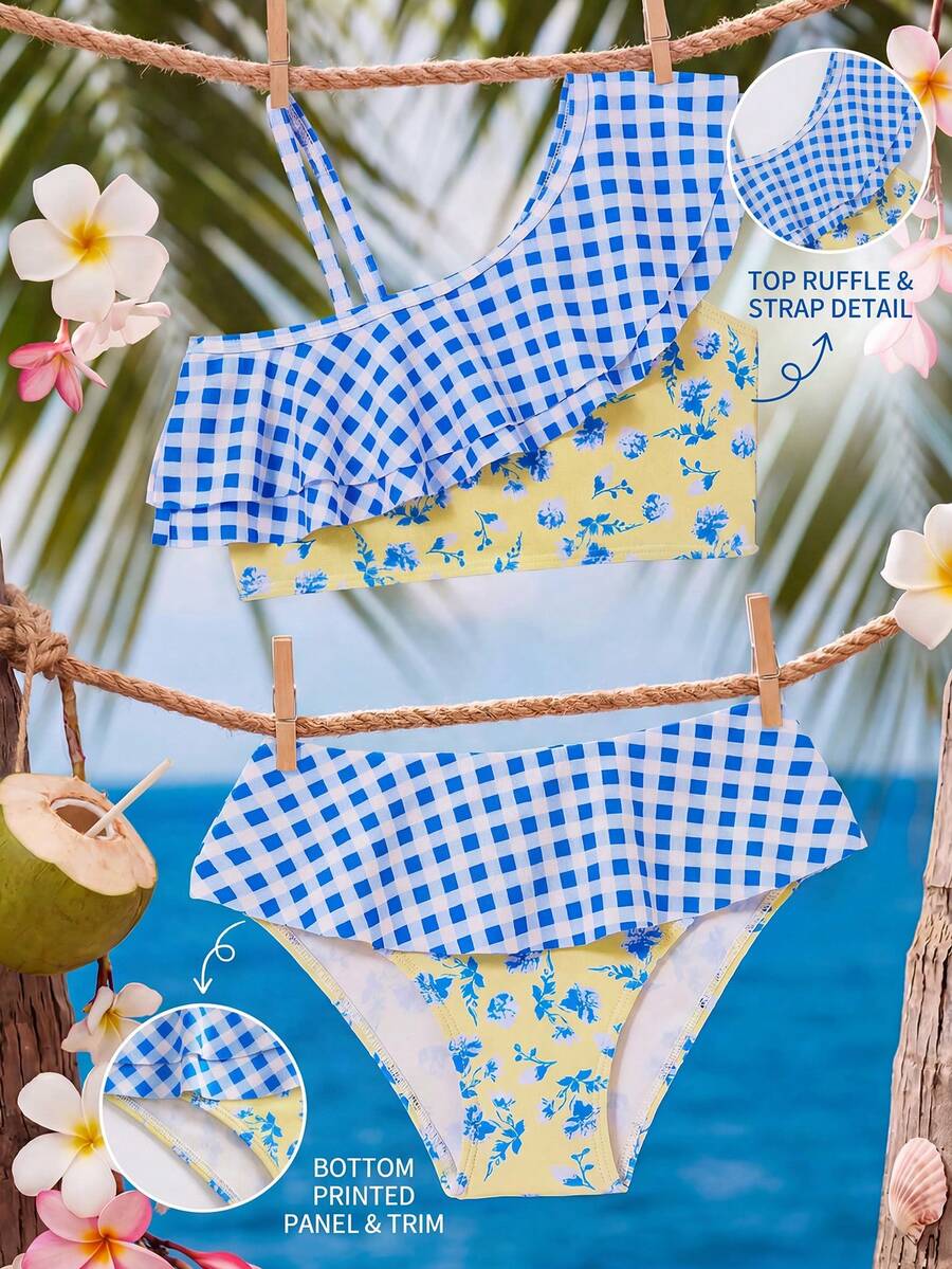 SHEIN Young Girl Cute Cartoon Floral Print Flutter Sleeve One-Piece Swimwear, Spring/Summer - Multicolor - View 1