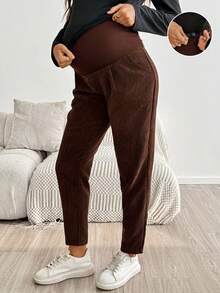 SHEIN Maternity Solid Color Adjustable Waist Casual Long Pants Fall - Brown - View 2