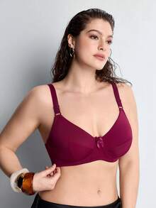 Slumbrini One Piece Plus Size Solid Color Stretchy Ultra-Thin Underwire Bra, Simple For Daily Wear - Burgundy - View 10