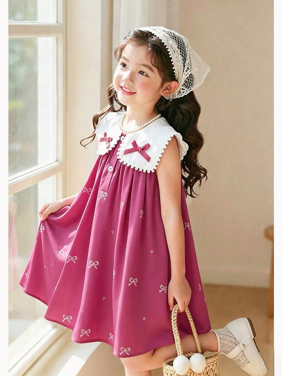 SHEIN Elladie kids 女童綠色蝴蝶結印花白色領口3D蝴蝶結裝飾休閒洋裝 - 玫紅色 - 查看 1