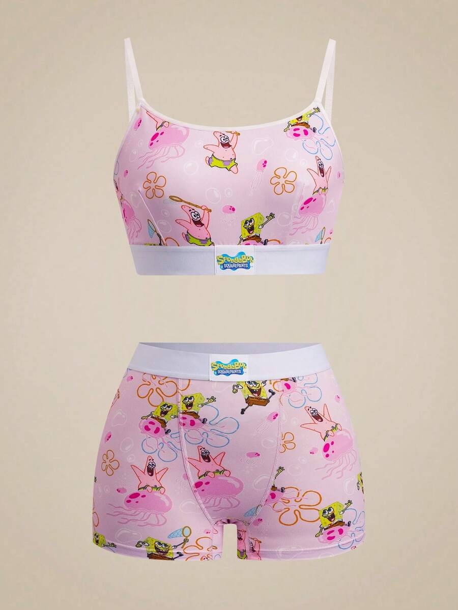 SpongeBob SquarePants | SHEIN 2件組可愛卡通印花細肩帶背心+四角內褲內衣套裝 - 粉色 - 查看 1