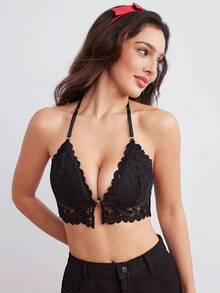 Elorette 前扣花朵蕾丝金属链女士无钢圈文胸 - 黑色 - 查看 5