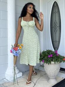Alexandranx Ditsy Floral Print Tie Front Ruched Bust Valentine Day Green Cami Dress,Summer Dresses For Women,Pastel Dresses For Women Vacation Elegant - Pastel Green - View 4