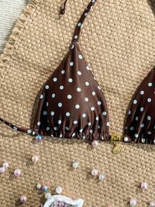 Swim Mod Summer Vacation Random Print Gold Shell Decor Halter Triangle Cup Bra Sexy One-Piece Swimsuit Top - Multicolor - View 5
