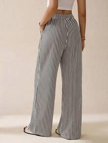 SHEIN Tall 條紋印花休閒日常穿著女款春夏長褲 - 藏蓝色 - 查看 2