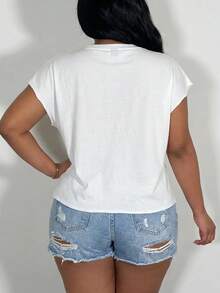 Slaydiva Camiseta casual de verano con decoración de strass para tallas grandes - Blanco - Ver 3