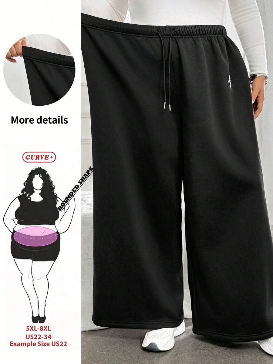 SHEIN CURVE+ 秋冬款黑白條紋休閒百搭抽繩大尺碼長褲,2026 22W - 黑色 - 查看 1