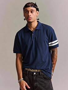 CRAVYNX Camiseta de manga corta para hombre con estampado de rayas en azul - Negro - Ver 3