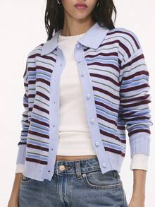 Nöista Multistripe Knit Cardigan In Blue, Burgundy And Olive With Collar And Asymmetric Buttons. Office, Everyday, College. Fall, Fall Winter Travels. - Blue - View 4