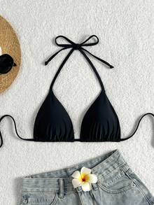 Elavelle Solid Color Halter Twist Back Bikini Top - Black - View 4