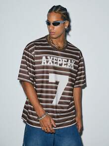 Men's Loose Fit #7 Striped T-Shirt, Retro American Street Style Casual Short Sleeve Top - Brown - View 5
