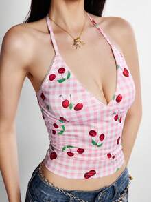 Rina Fox Women V-Neck Cherry Print Camisole, Cute White Plaid Summer Spaghetti Strap Top, Open Back Bodycon Vest, Holiday, Gingham Y2k Sexy Golf - Pink - View 8