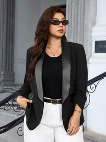 SHEIN Clasi 粉紅色大尺碼女款西裝外套，優雅通勤商務穿搭，秋冬商務休閒女裝 - 黑色 - 查看 7
