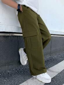 SHEIN Little Byeori 兒童青少年男孩休閒日常舒適工裝直筒寬鬆長褲，軍綠色工裝褲，新年，六七歲，適合外出、約會、上學，春、夏、秋、冬 - 軍綠色 - 查看 4