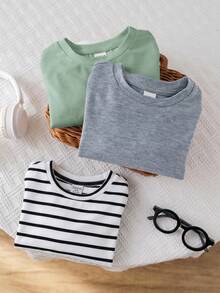 SHEIN Baby Boy Baby Girl Spring/Autumn Black & White Striped Solid Color Round Neck Long Sleeve Pullover Top 3 Pieces Set - Multicolor - View 5