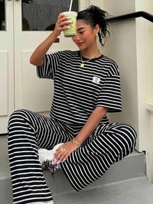 Muchica 女款新款針織黑白條紋休閒街頭風寬鬆短袖T恤與長褲套裝，適合早午餐、夏季旅行度假 - 黑與白 - 查看 5