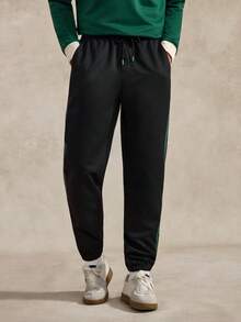 Courvante Men Contrast Side Seam Drawstring Waist Pants Long Color Block Plain Black Going Out, Fall - Black - View 5