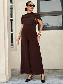 MaterniWear Maternity Solid Color Stand Collar Pleated Wide Leg Elegant Maternity Maternity Jumpsuit Baby Shower Photoshoot Summer Photoshoot - Brown - View 6