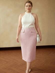 MOTF PREMIUM PLUS SIZE WOMEN'S ELEGANT CONTRAST COLOR TEXTURED METAL BUTTON DECOR SPLIT HEM DRESS - Pink - View 4