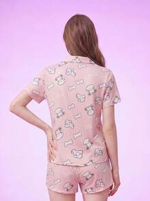 Notgurli Women's Summer Printed Lapel Cardigan Short Sleeve Shorts Casual Simple Comfortable Loungewear Pajama Set - Pink - View 2