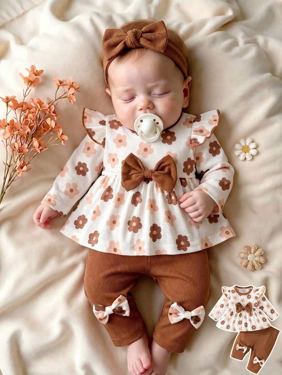 SHEIN Conjunto de top de manga larga con lazo floral estilo suave color marrón con temática otoñal y pantalones para bebés recién nacidas