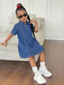 Vestido camisa de mezclilla oversize en azul marino para niña - Azul lavado medio - Ver 4
