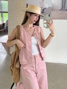 Livesso 女款單排扣休閒牛仔背心與長褲套裝 - 粉色 - 查看 4