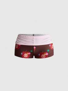 ROMWE J-Fashion 春夏秋性感可愛蘋果印花蕾絲上衣搭配蘋果滿版印花短褲 - 棕色 - 查看 5