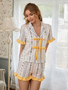 CottageSlumber Ensemble de pyjama court avec ours en peluche mignon, jaune pâle, bordure à volants, nœud croisé et manches courtes - Multicolore - Voir 6