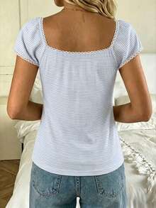 CovetEZ Blue Striped Print Square Neck Petal Sleeve Tie Front Tee, Suitable For Summer,Summer Top - Multicolor - View 2
