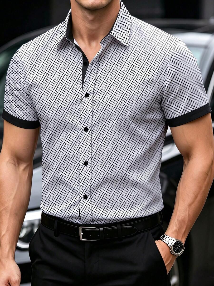 Manfinity Mode Men's Plus Size Summer Casual All-Over Print Front Button Short Sleeve Shirt, Formal - Black and White - View 1