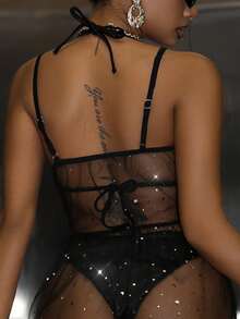 Swim EVENT Conjunto de bikini con escote halter y vestido de gasa brillante como cubridor para el verano - Negro - Ver 2