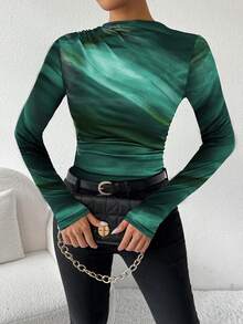 SHEIN LUNE Women Tie Dye Print Asymmetric Ruched Long Sleeve T-Shirt, Spring Summer Women Tops For Spring Fall - Green - View 7